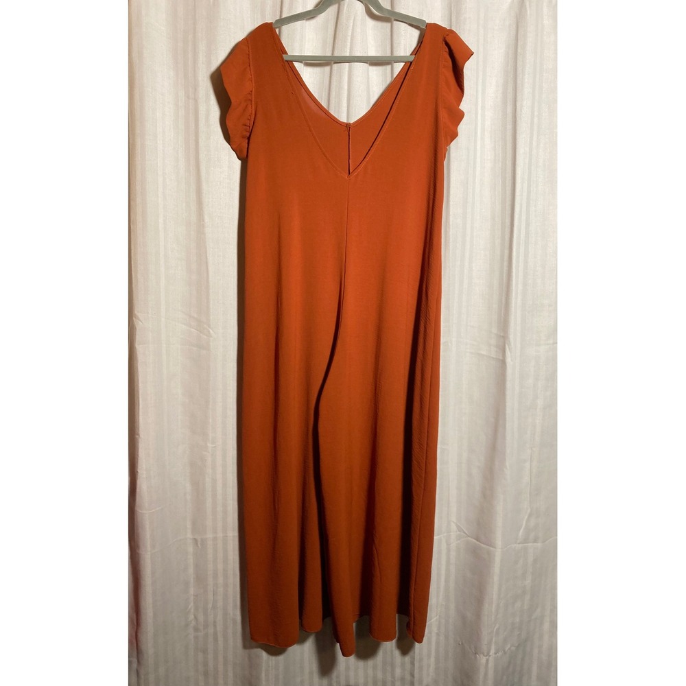 Made in Italy Burnt Orange Ruffle Sleeve Wide Leg V-Neck Jumpsuit Terracottat M‎